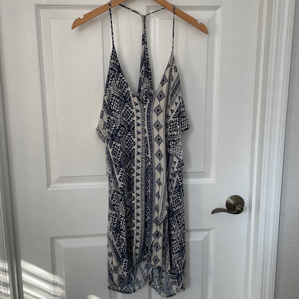 Women’s blue and cream drapey summer dress